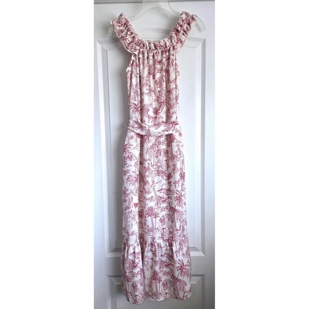 Tory Burch Far and Away Safari Toile Ruffle Tier Cotton Maxi Dress Sz L